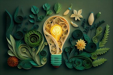 Green Energy - light bulb with plant - paper quilling - generative AI