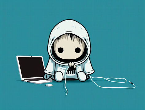 Cute anonymous hacker with white hoodie using computer laptop. Concept of ethical hacking. Cybersecurity, Cybercrime, Cyberattack.