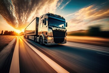 Fototapeta na wymiar Modern Truck is speeding along the highway at beautiful summer sunset. Generative AI