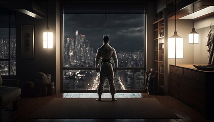 Fototapeta na wymiar Man Wearing Karate Gi Standing at a Window While Looking at a City Generative AI