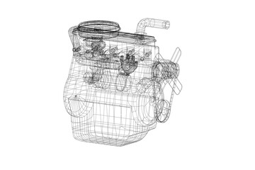 3d illustration. Wireframe of old car straight inline engine