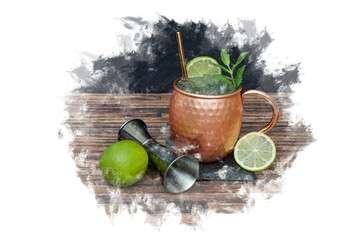 Delicious London mule gin cocktail in copper cup with fruit. Transparent background, PNG in graffiti style.