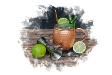 Delicious London mule gin cocktail in copper cup with fruit. Transparent background, PNG in graffiti style.