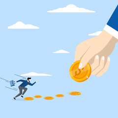 Follow money concept, greedy businessman running to grab coins, chasing return on investment, profit or income, changing jobs for better salary or wages, greed or investment opportunity concept.
