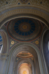 Monumental church building in Gothic in neo-romanesque arch style with large ceiling and altar...