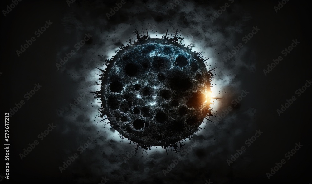 Poster a black and white photo of a circular object in the sky with a bright light coming out of the center