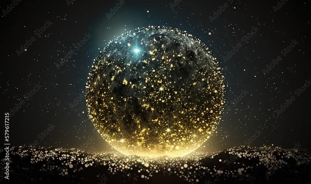 Poster an abstract image of a planet with stars in the sky and a bright light shining on the surface of the