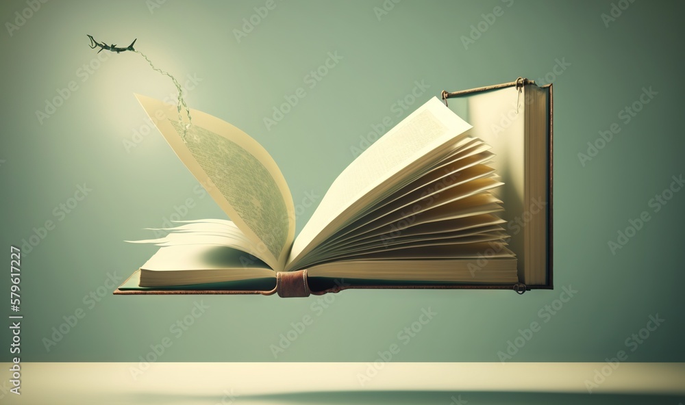 Poster an open book flying through the air next to a flying bird on a green background with a shadow of a b