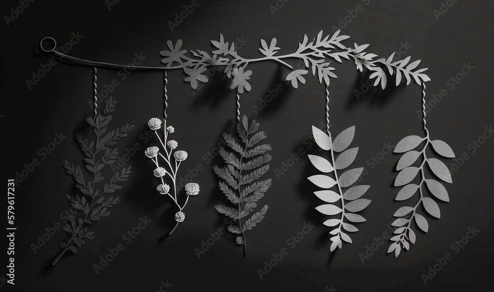 Aufkleber a group of metal leaves hanging from a wall next to a string of string and a flower on a twig with a