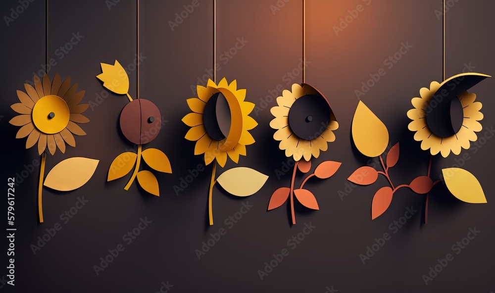 Poster a group of sunflowers hanging from strings with the word'love'spelled out of them on a dark backgrou