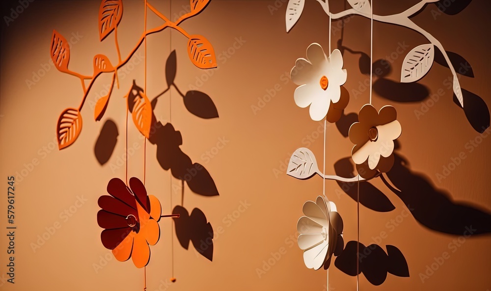 Poster a group of paper flowers hanging from a string on a wall next to a shadow of a tree and a branch wit