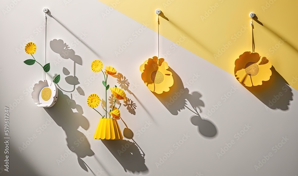 Poster a group of three yellow and white vases with flowers in them hanging from hooks on a wall next to a 