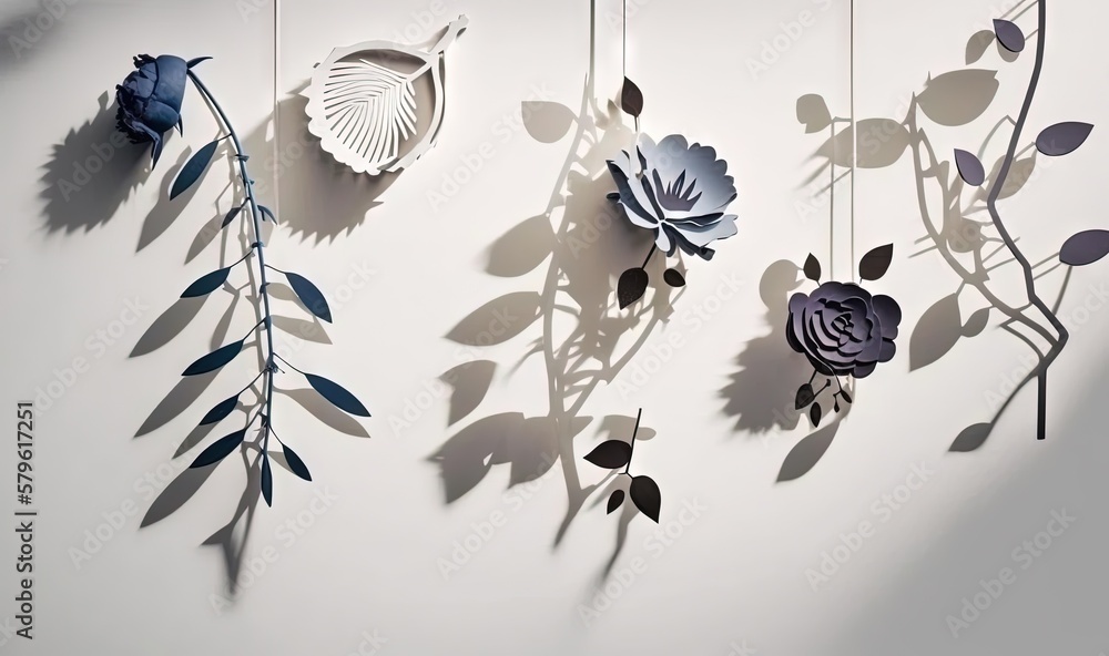 Poster a group of paper flowers hanging on a wall next to a shadow of leaves and a flower on a string with 