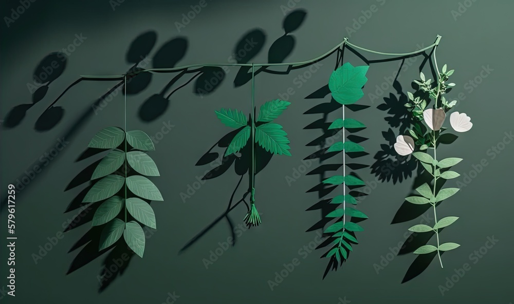 Poster a bunch of green leaves are hanging on a line with a shadow of them on the wall behind them and a sh