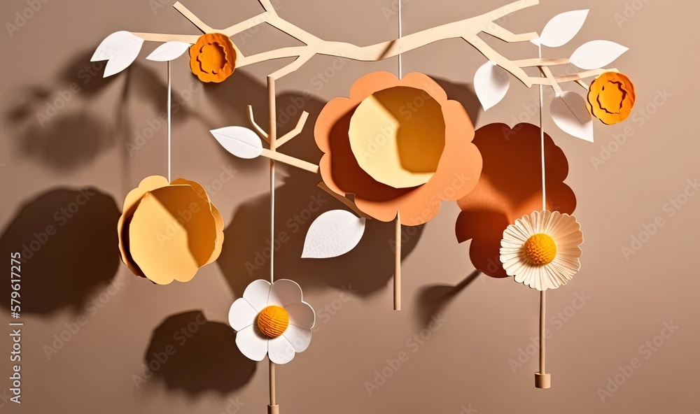 Poster  a group of paper flowers hanging from a tree branch with leaves and flowers attached to them, with a shadow of a branch and a flower.  generative ai