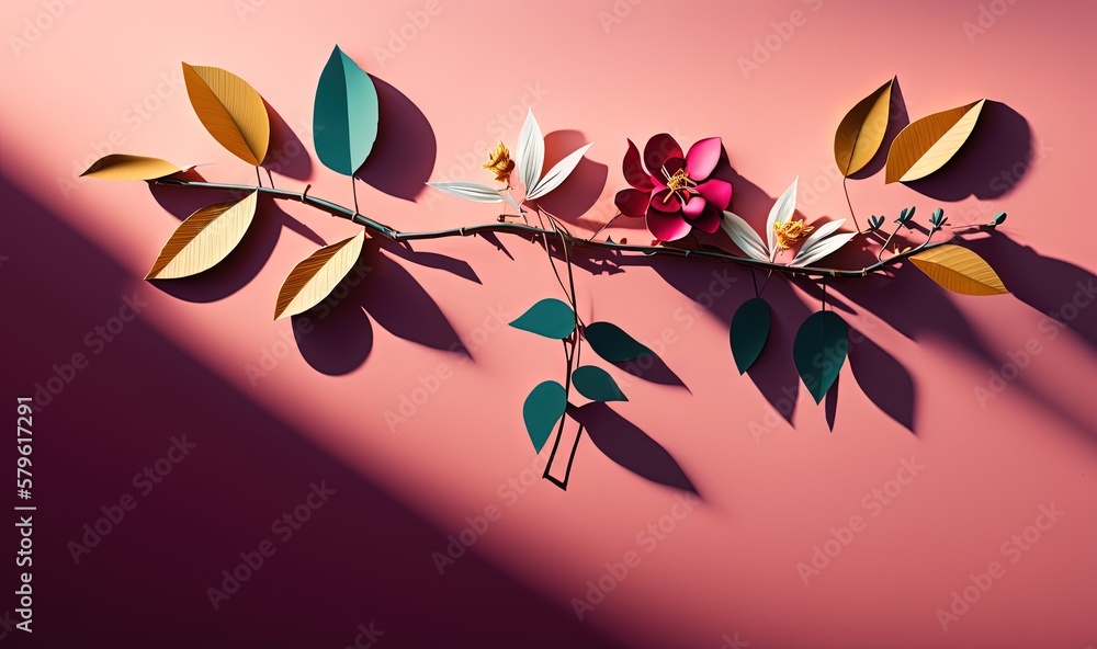 Aufkleber a branch with flowers and leaves on a pink background with a shadow of the branch on the wall and th