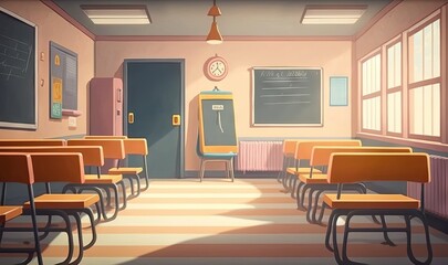  a classroom with desks and a chalkboard on the wall and a clock on the wall above the desk and a door to the hallway.  generative ai