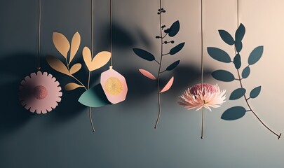  a group of paper flowers hanging from a line of strings with leaves and flowers on them, on a blue background with a shadow of a wall.  generative ai