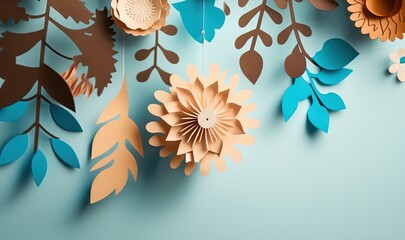  paper flowers and leaves are hanging on a blue background with a shadow of leaves on the left side of the image and a shadow of a flower on the right side of the left.  generative ai