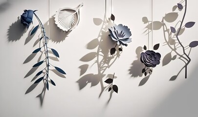  a group of paper flowers hanging on a wall next to a shadow of leaves and a flower on a string with a shadow of leaves on the wall.  generative ai