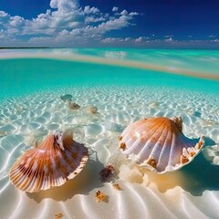 Fototapeta na wymiar seashells from the sea beneath crystal clear waters in the caribbean GENERATIVE AI