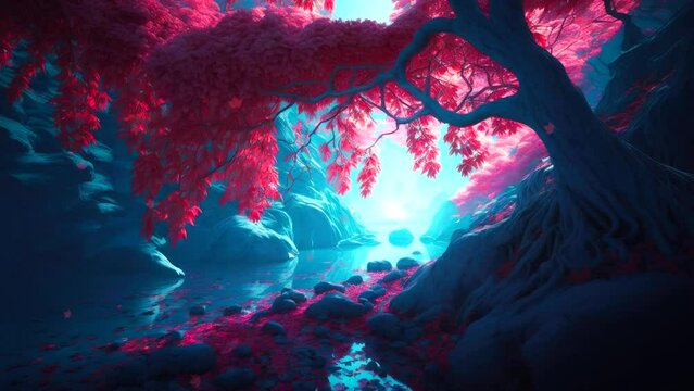 Zen and calm animation loop of landscape with river and cherry tree landscape. Serenity and ambient loop video.