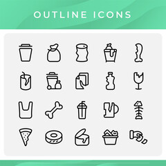 Set of waste and garbage line icons, plastic, paper, food,  glass, and more. Useable for element design web and infographic