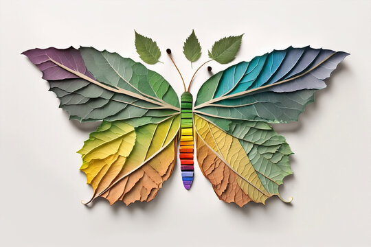 rainbow butterfly made of leaves. Generative AI	