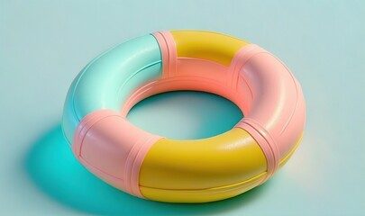  an inflatable toy is sitting on a blue surface with a pink, yellow, and blue ring around it's center piece.  generative ai