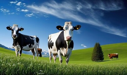  a couple of cows standing on top of a lush green field next to each other on a sunny day with blue sky and white clouds.  generative ai