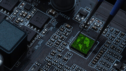 Fototapeta premium Circuit board technology concepts and IT ethics. Earth's green nature or new system technology