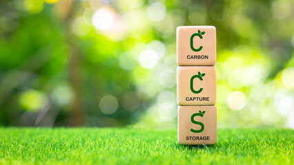 CCS (Carbon Capture and Storage) on wooden blocks on environment background. net zero action concept Reduce the risk of climate change, green energy, carbon capture and storage.