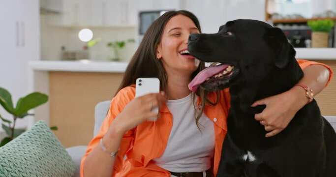 Woman, dog and selfie on living room couch in home for funny hug, touch or lick face with happy friends. Doggy mom, lounge sofa and love for pet, animal or social media app for comic photography fail