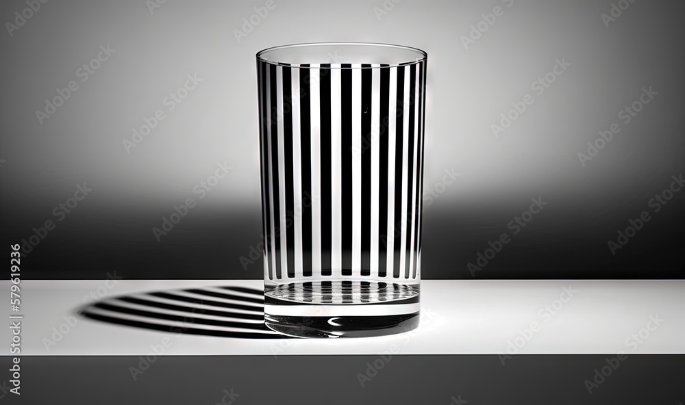 Poster a black and white photo of a glass with a shadow on the table in front of a gray background with a s