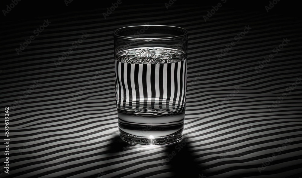 Poster a glass of water with a reflection of a wave on the surface of the water and a light shining on the 