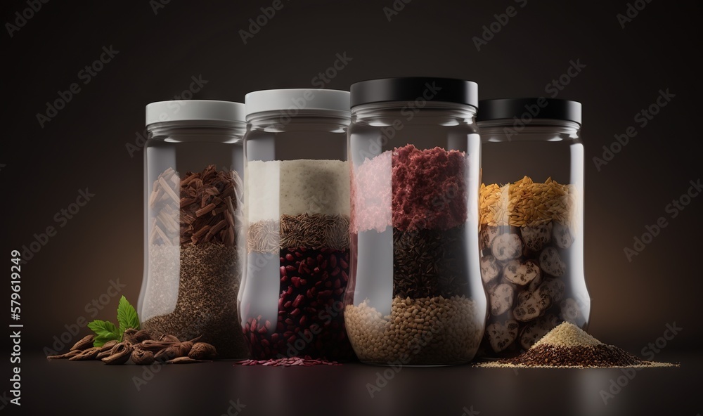 Poster a row of glass jars filled with different types of spices and nuts on a table with a black backgroun