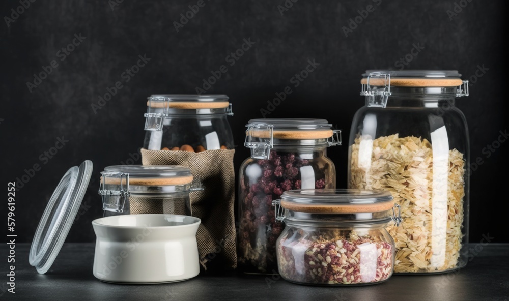 Poster a group of glass jars filled with different types of food and a container with a lid on a table next