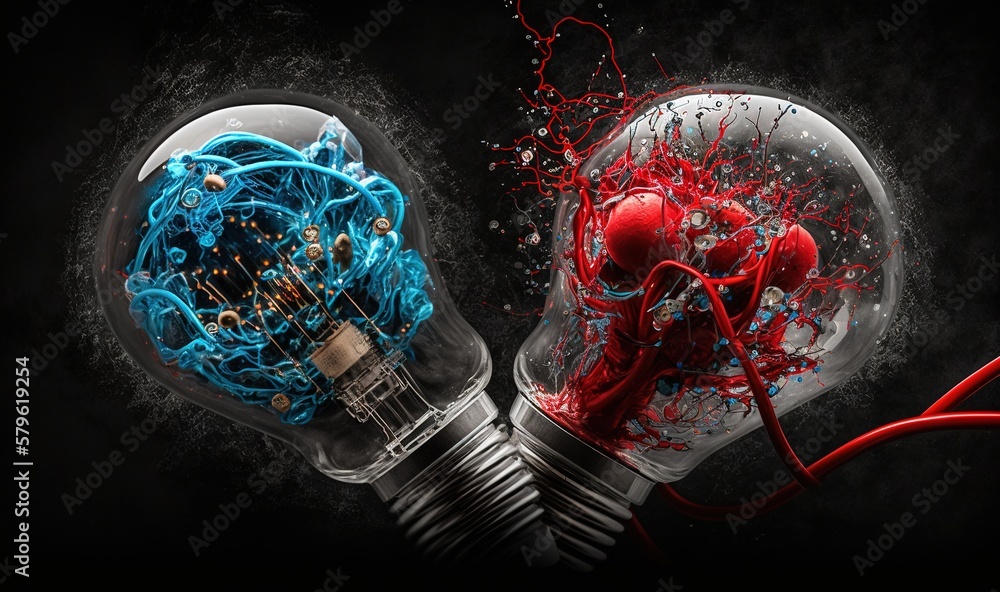 Poster a light bulb with a red and blue substance inside of it and a blue and red light bulb with a red lig