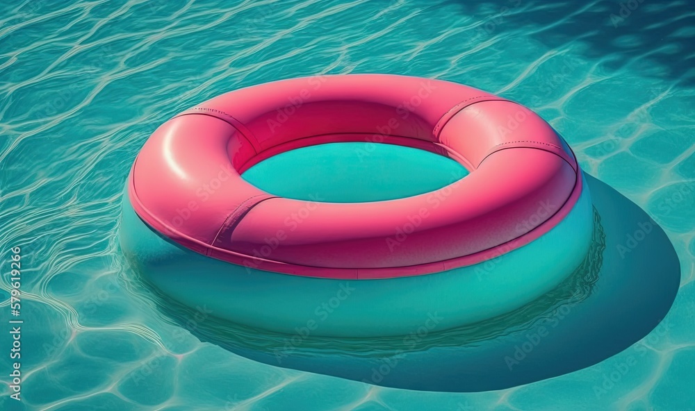Poster an inflatable ring floating in a pool of water with a blue surface and a pink ring in the middle of 