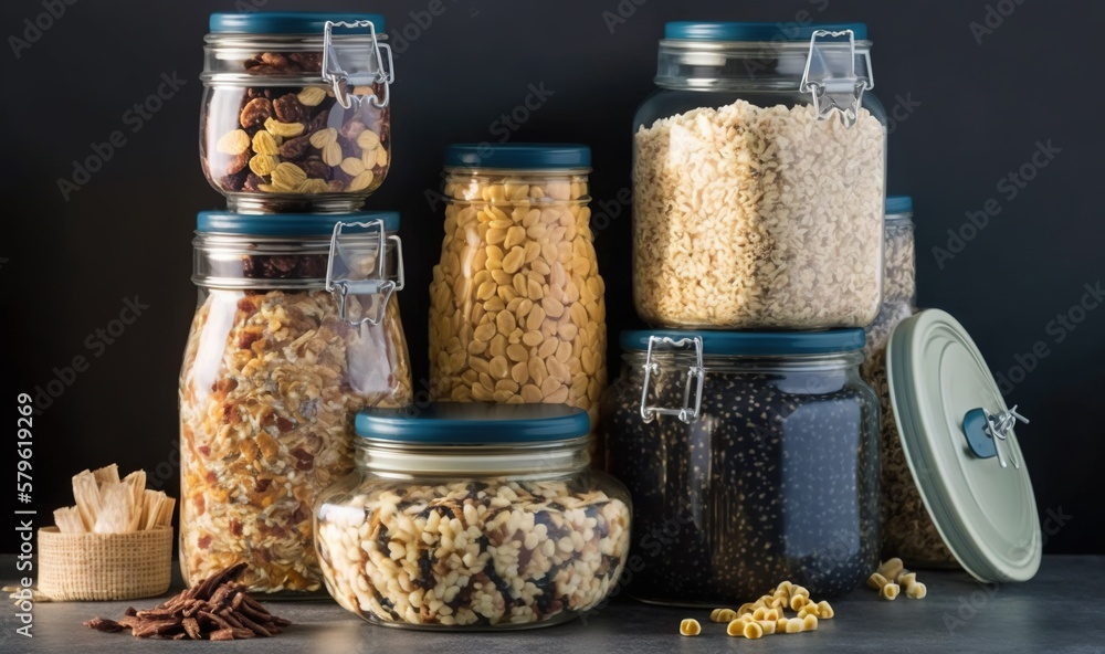 Poster a group of jars filled with different types of food next to a canister filled with nuts and other th