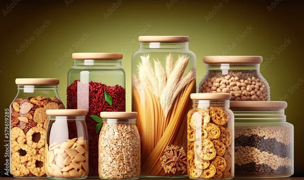 Poster a group of jars filled with different types of cereal and cereal grains on a wooden table with a gre