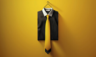  a yellow tie hanging on a yellow wall next to a black shirt and a black shirt collar on a hanger on a yellow wall.  generative ai