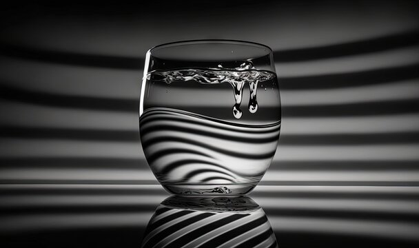  a black and white photo of a glass of water with a drop of water on it's side and a black and white background.  generative ai