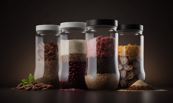  a row of glass jars filled with different types of spices and nuts on a table with a black background and a green leaf in the middle.  generative ai