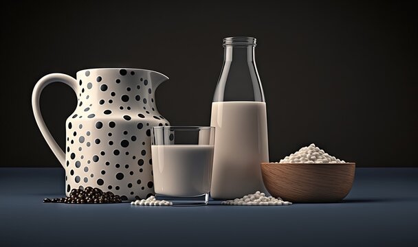  a table topped with a pitcher of milk next to a bowl of cereal and a glass of milk next to a jug of milk and a bowl of beans.  generative ai