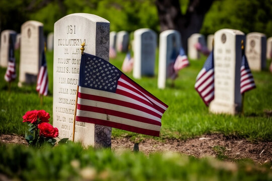Patriotic, American flags and headstones at National cemetery- Memorial Day display, generative ai
