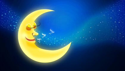 Fototapeta na wymiar moon cartoon sleeping ZZZ on blue backgrounds. Good night and sleep tight lullaby theme. 