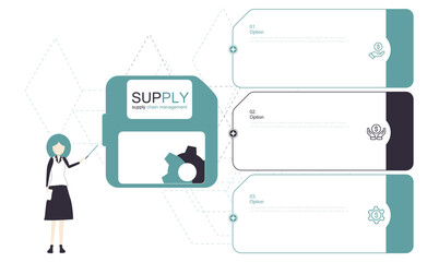 Infographics design template, Supply chain management concept with 3 steps or options, can be used for workflow layout, diagram, annual report, web design. Minimal design. Creative banner, Icons