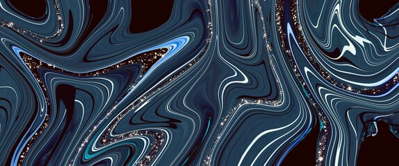 Dark marble alcohol ink on the black background, bright blue contrast, golden path, space, universe, wave, curved structure, luxury liquid backdrop, hand drawn art, fluid wallpaper graphic for print