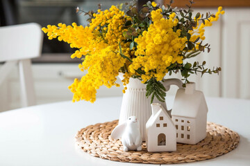 A bouquet of mimosa, white houses and rabbits on a white table. In the background is the interior...
